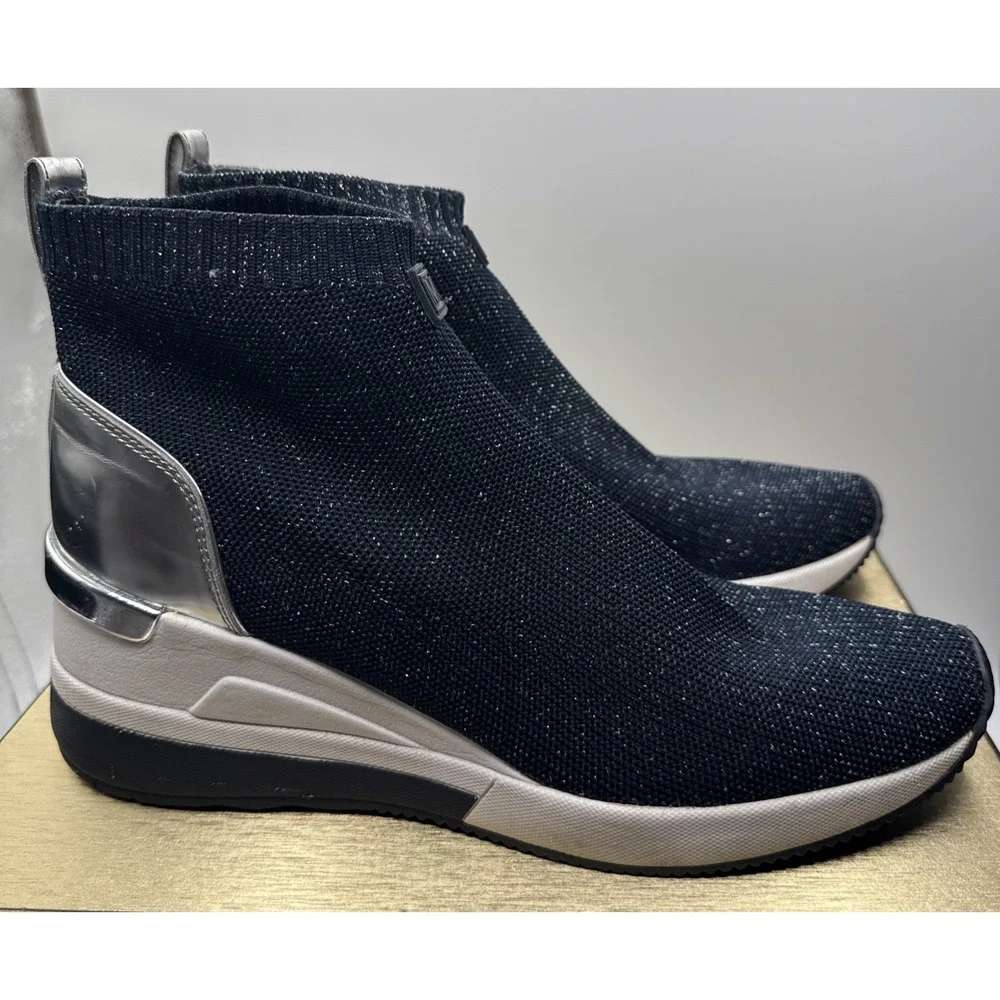 Michael Kors Women's Blue/Silver Knit Ankle Sock Bootie Slip On Wedge Size 8